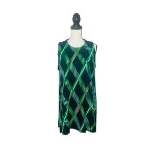 CROWN & IVY Green, Navy Blue, & Gray Plaid Side-Slit Sleeveless Tunic